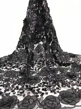 

High Quality 100% Polyester Mesh African French Lace with Full Sequins 5 Yards Newest Netting Sewing French Lace Black (7-19