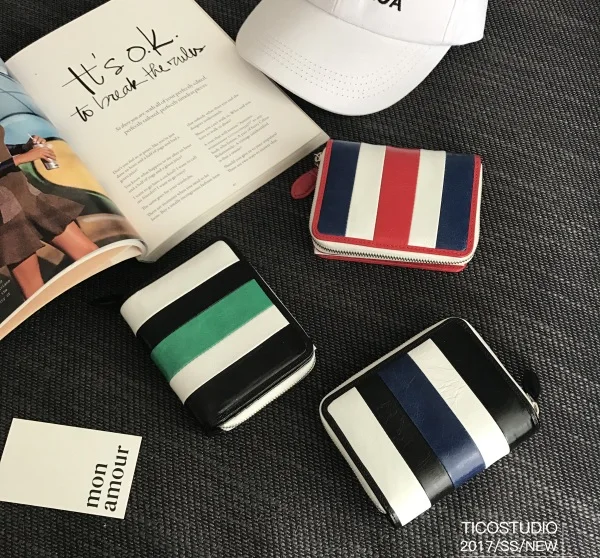 

Fashion 2017 summer NEW striped panelled short wallet genuine leather zip wallet Coin Purse Card Holder