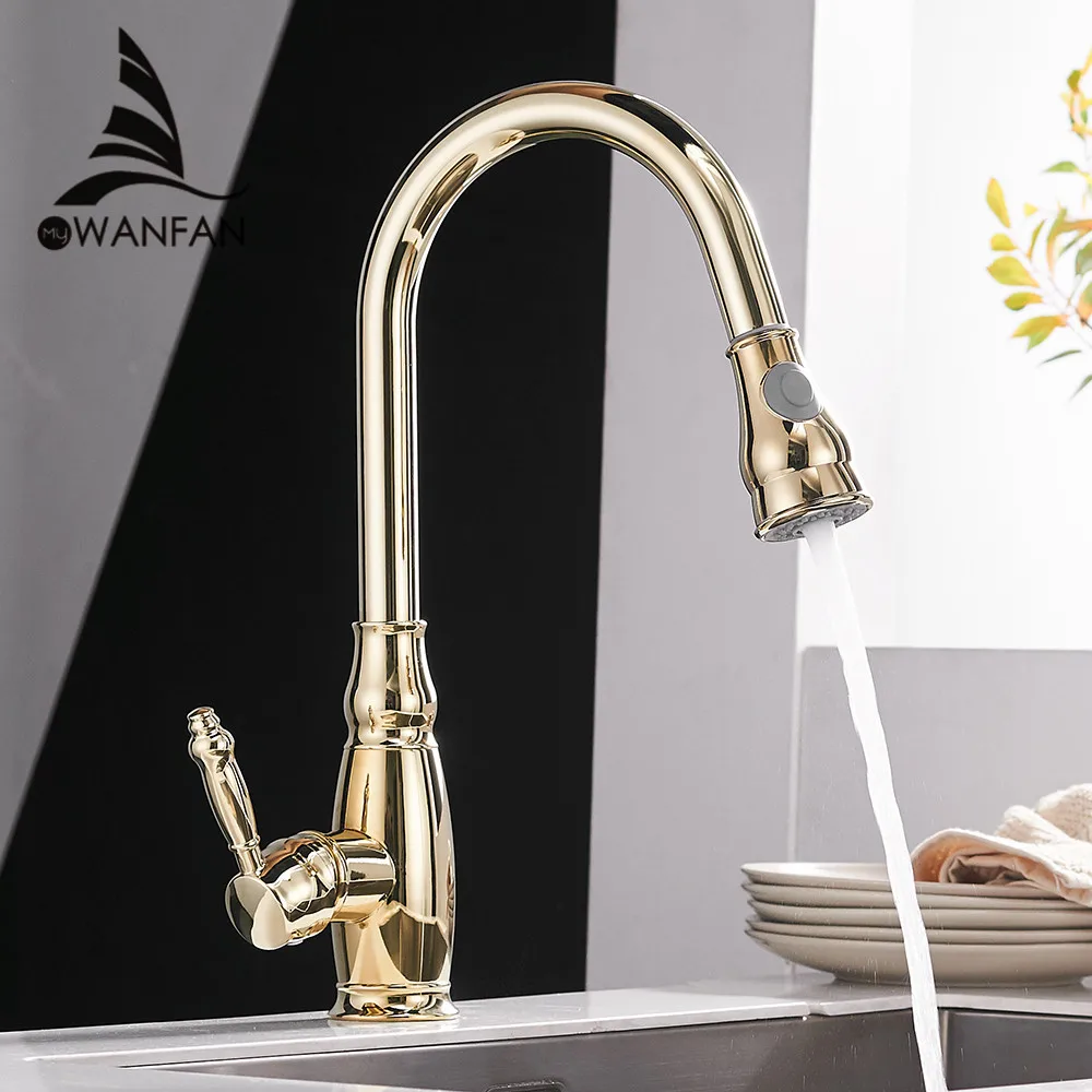  Kitchen Mixer Gold Pull Out Kitchen Faucet Deck Mount Kitchen Sink Faucet Mixer Cold Hot Water Torn - 32864350380