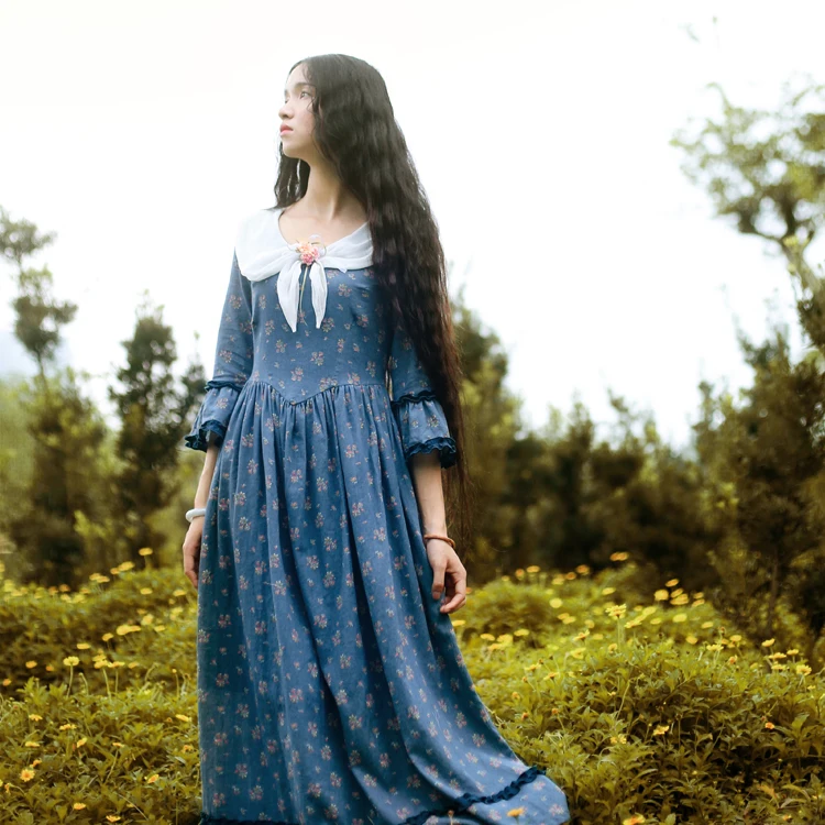 

LYNETTE'S CHINOISERIE snow white french style royal princess dress one-piece dress vintage peter pan collar blue full dress