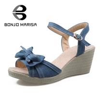 Bonjomarisa neue süße bowtie keile heels frauen sandalen offene spitze plattform knöchelriemen freizeit dating schuhe frau