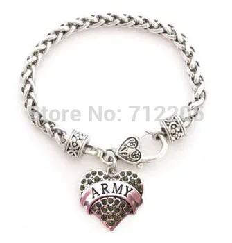 

50pcs a lot heart ARMY with green Crystal Lobster Claw Bracelet