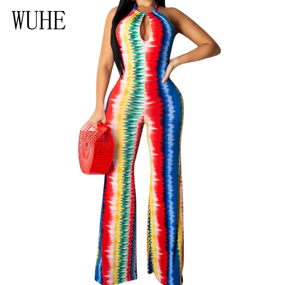 

WUHE Retro Sleeveless Open Back Halter Jumpsuits Summer Sexy Hollow Out Wide Leg Playsuits Femme Casual Party Dyeing Bodysuits