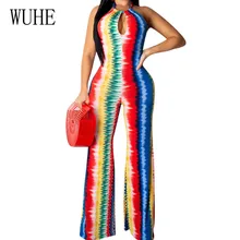 WUHE Retro Sleeveless Open Back Halter Jumpsuits Summer Sexy Hollow Out Wide Leg Playsuits Femme Casual Party Dyeing Bodysuits WUHE Retro Sleeveless Open Back Halter Jumpsuits Summer Sexy Hollow Out Wide Leg Playsuits Femme Casual Party Dyeing Bodysuits