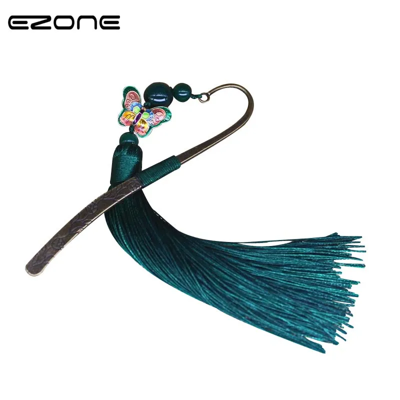 

EZONE Retro Metal Butterfly Pendant Hairpin Bookmark With Carnelian Fringe Tassel Red/Blue/Green Book Marker Student Stationery