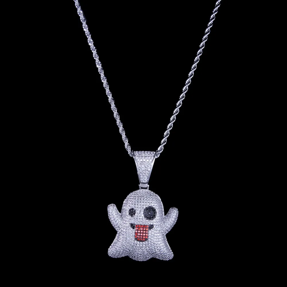 

BNRESALE Fashion Hip Hop Micro Pave Full Iced Out Lovely Emoji Ghost Pendant Necklace Present for Rappers with Jewelry Box