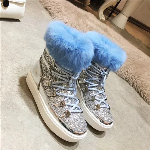 

Brand Chic Warm Fur Snow Boots Bling Sequined Cloth Women Mid-calf Boots Metal Decor Chaussures Femmes Winter Boots Women Flats