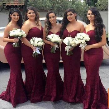 

2020 African Gorgeous Burgundy Lace Bridesmaid Dresses Sweetheart Lace Sweep Train Wedding Guest Gown Plus Size