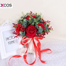 Великолепная красная роза Свадебные цветы Свадебные букеты зеленые листья Флорес искусственные букет для подружек невесты шелковая лента