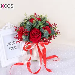 Великолепная красная роза Свадебные цветы Свадебные букеты зеленые листья Флорес Artificiales букет для подружек невесты шелковой лентой