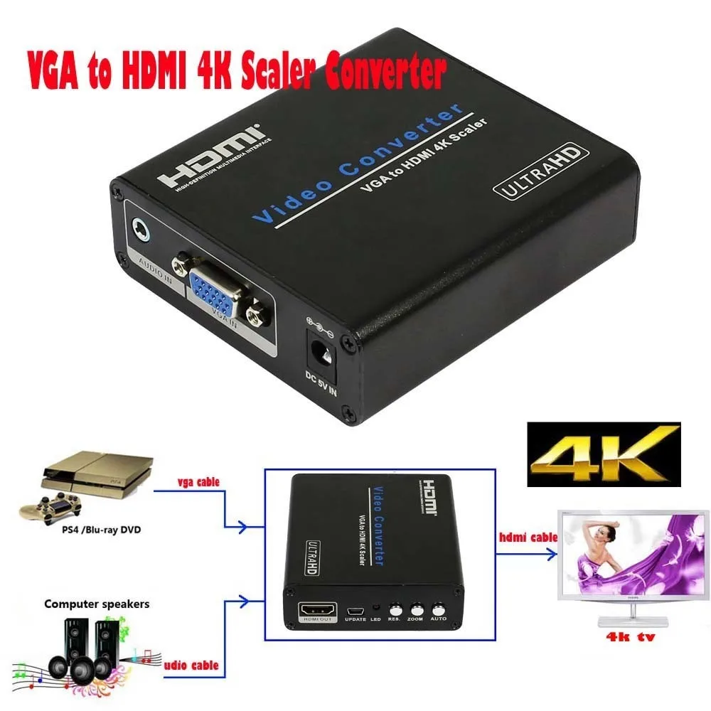 

Analog to Digital HD Audio VGA to HDMI 4K Scaler Converter To 4K*2K HDMI Out PC Laptop VGA Monitor to 4k HDTV Audio Video Scaler