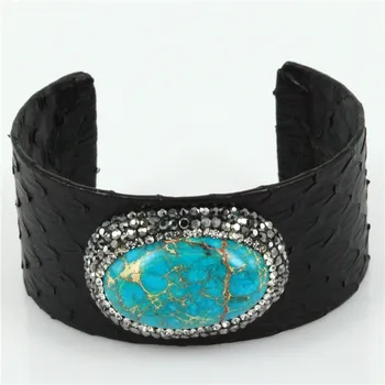 

1pc Statement Snakeskin Bangle Natural Blue Statement with Rhinestone Python Skin Cuff Bangle Bracelet Fashion Women Jewelry