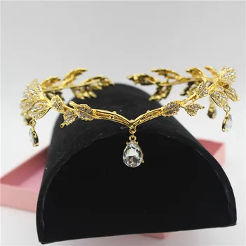 

Sparkly Crystal Gold Leaves Women Bridal Headband Bride Head Chain Headpiece Rhinestone Tiara Wedding Prom Hair Accessories