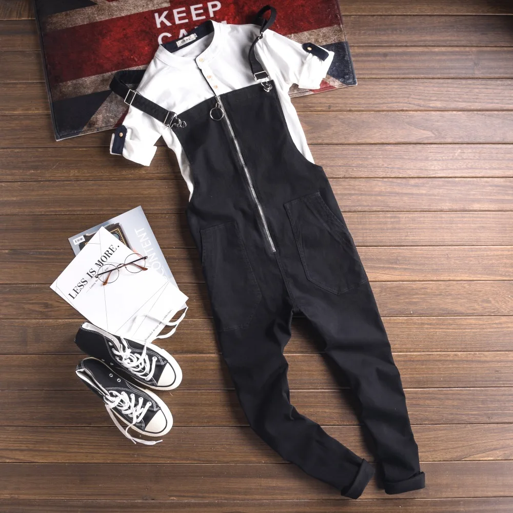 Men's Summer Overalls Pants Fashion Casual Design Man Cotton Black Cargo Pants Rompers Male Front Zipper Bib Ankle Pants Black