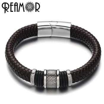 

REAMOR Wide Braided Leather Rope Bracelets 316L Stainless Steel Beads Male Bracelet Simple Style Charms Bracelets Men Jewelry