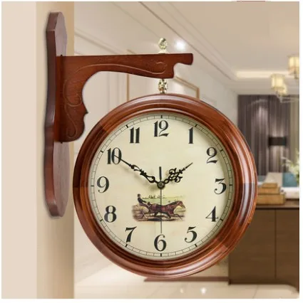 Европейский двойной двухсторонний настенные часы древние креативные большие модные часы для гостиной современные бесшумные домашние кварцевые часы - Цвет: Brown-C
