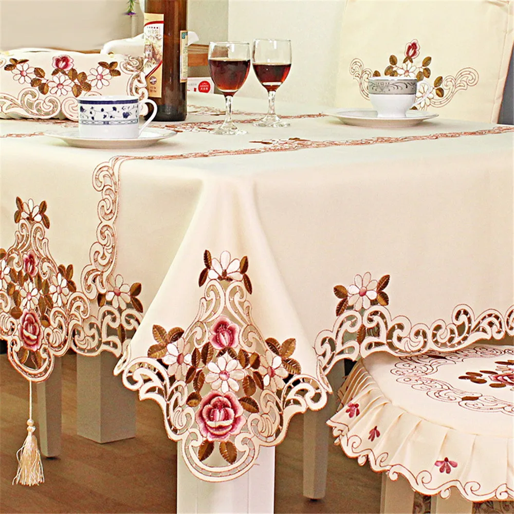  Europe Style Embroidered Wedding Tablecloth Vintage Floral Lace Edge Dustproof Covers Dining Table 
