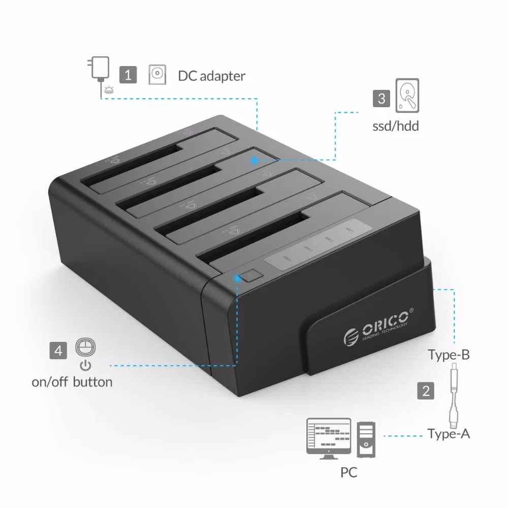  ORICO 6648US3-C USB 30 de 25 y 35 pulgadas SATA disco duro externo muelle 4-Bay fuera de línea clon