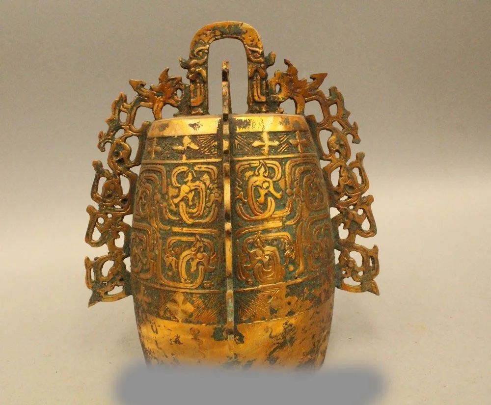 

11" Ancient China Chinese Temple Buddhism Bronze Gild Hang Two Dragon Zhong Bell