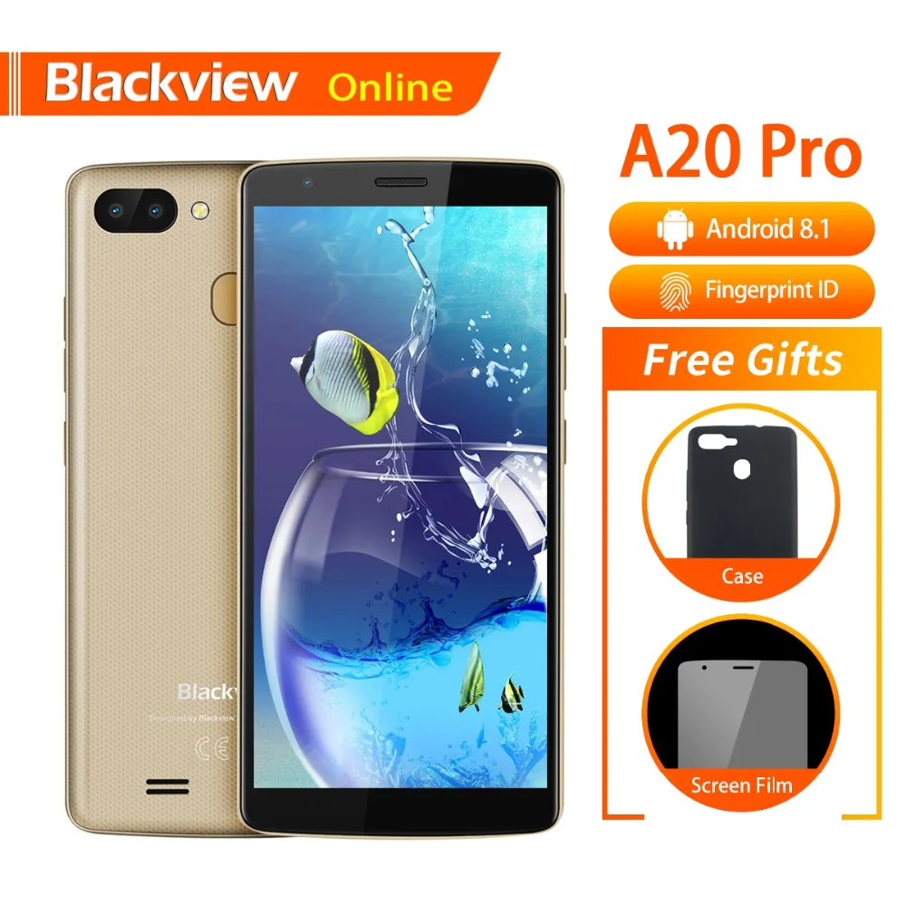 Blackview Оригинал A20 Pro 5,5 "мобильный телефон 2 GB + 16 GB Android 8,1 Quad-Core 18:9 полный Экран отпечатков пальцев 3g модный смартфон