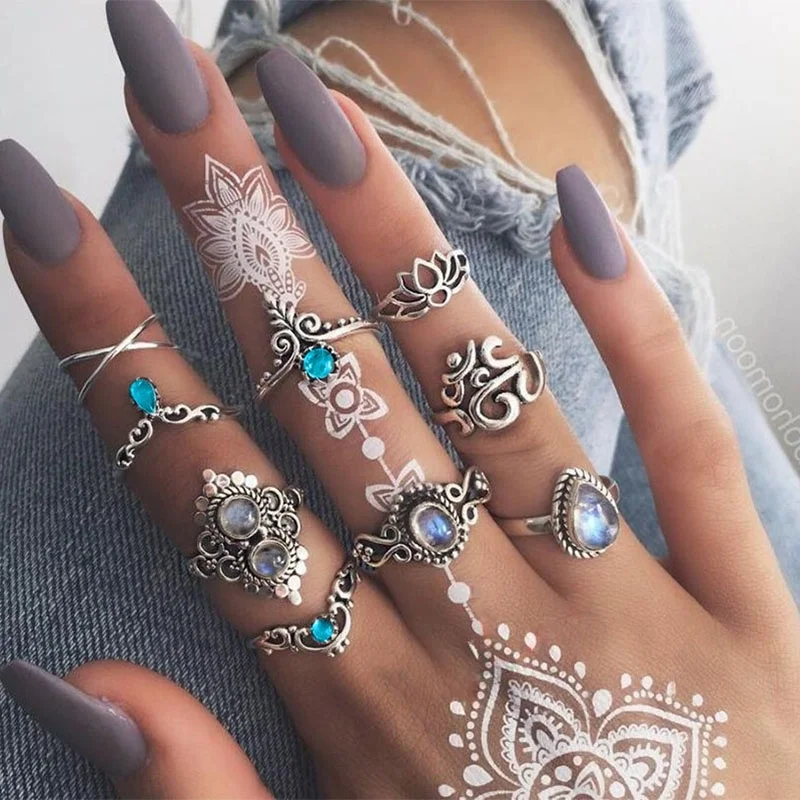 

9 Pcs / Set of Punk Flowers Crystal Finger Set Joint Ring Ring Ladies Jewelry Accessories Gifts