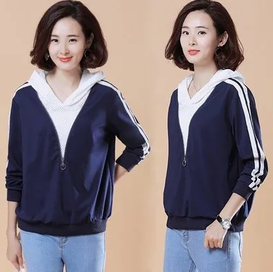 

New fashion blue white patchwork hoodies jacket women coat long sleeve zipper v-neck zipper outerwear tops shirt ladies M XXL