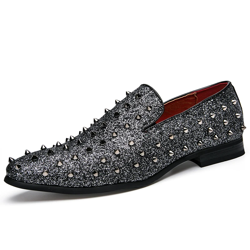 men's spike dress shoes italian silver gold slip on rhinestone loafers 2017 luxury brand unique cool male studded footwear flats (27)