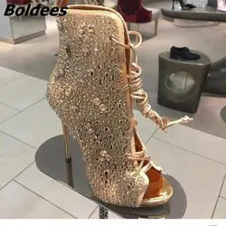 Шикарный золотой Для женщин Bling Кристалл стилет ботильоны на каблуках блестящие открытый носок Кружево платье сандалии пинетки новое
