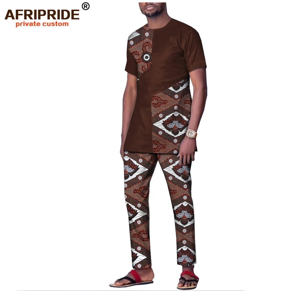 Весенне-осенний хлопковый комплект с принтом в африканском стиле для мужчин, AFRIPRIDE, топ с короткими рукавами+ укороченные штаны, повседневный мужской комплект A1816004 - Цвет: 390J2