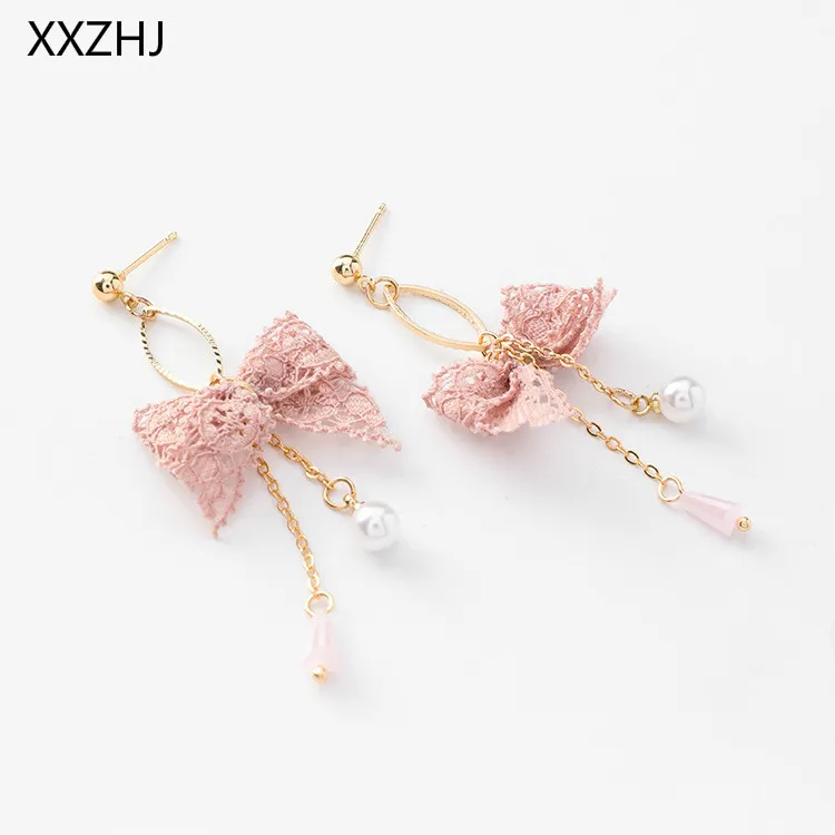 

Free Shipping Sweet Lace Bow Pearl Tassel Earrings Fashion New Simple Personality Ladies Earrings Wholesale Sales Earrings Pink