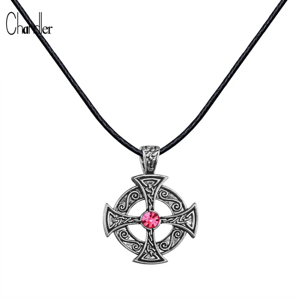 

Chandler Silver Celtics Sun Solar Cross the most ancient cross Pendant Necklace Red CZ Crystal Retro Original Amulet Male Bijoux