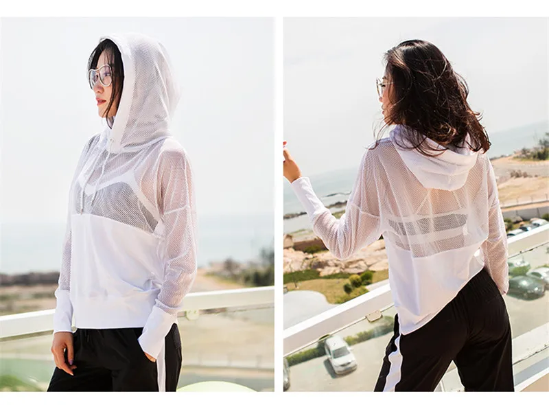 Женская футболка с капюшоном и длинным рукавом, черные сетчатые спортивные футболки для фитнеса, белая футболка для бега, быстросохнущая блуза Esportiva Feminina, топы