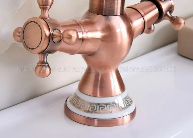 Antique Red Copper Bathroom Sink Faucet Basin Mixer Tap Double Cross Head Handle Hot and Cold Water Mixer Tap znf619
