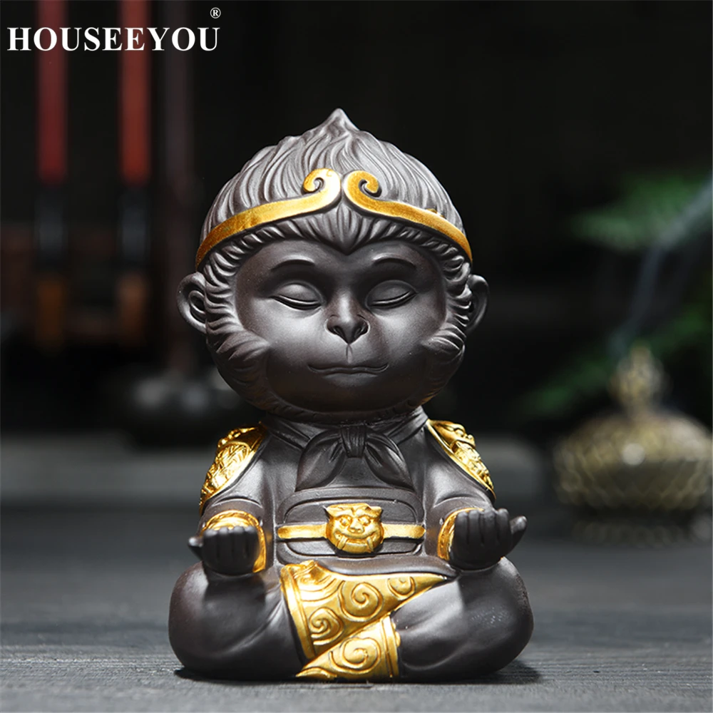 Chinese Purple Clay Kung Fu Tea Pets Monkey King Tea Tray Sun Wukong Statues Sculptures for Home Office Decoration Crafts