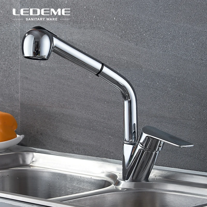 

LEDEME New Removable Kitchen Faucet One-Handle Pull Out Two-Function Sprayer Bar Brass Water Mixer Tap, Chrome Polished L6040