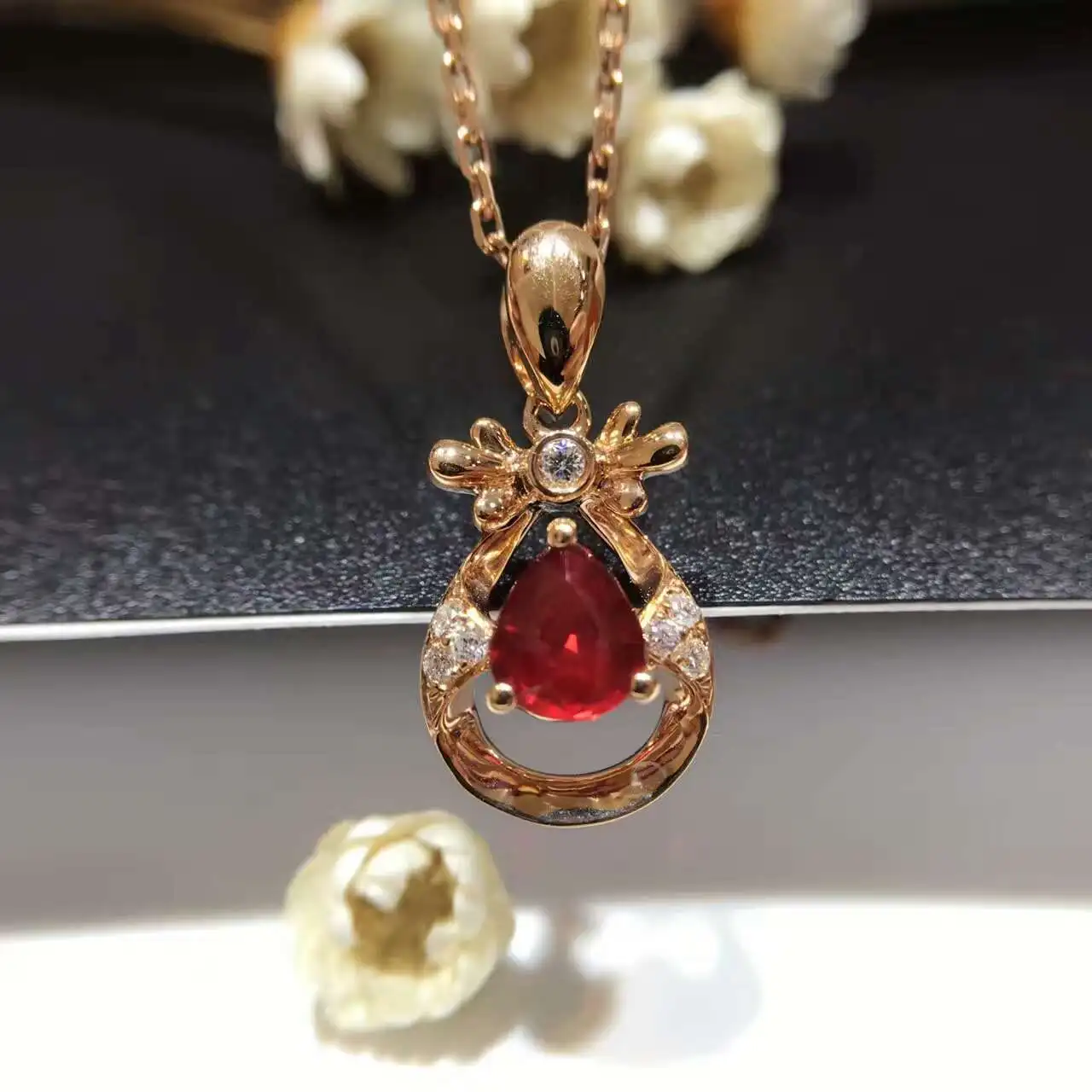 18K Gold 0 778ct Natural Ruby and Pendant font b Necklace b font 0 123ct font