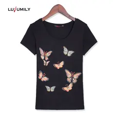 Lusumily, летняя женская футболка,, кавайный хлопок, Мультяшные животные, Бабочка, топы, блестки, черные, белые, размера плюс, женские футболки, 3xl