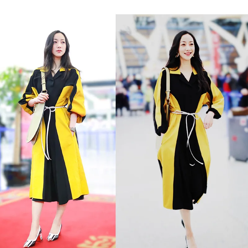 

2019 The New European American Black Yellow Splices Show Thin and Thin Has The Same Coat In The Medium-long Belt Women Coat