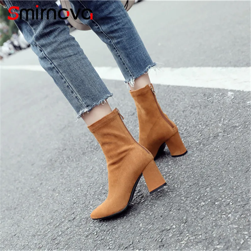 

Smirnova NEW arrive ankle boots 2020 elegant flock woman boots high heel autumn pointed toe ladies boots zipper shoes black