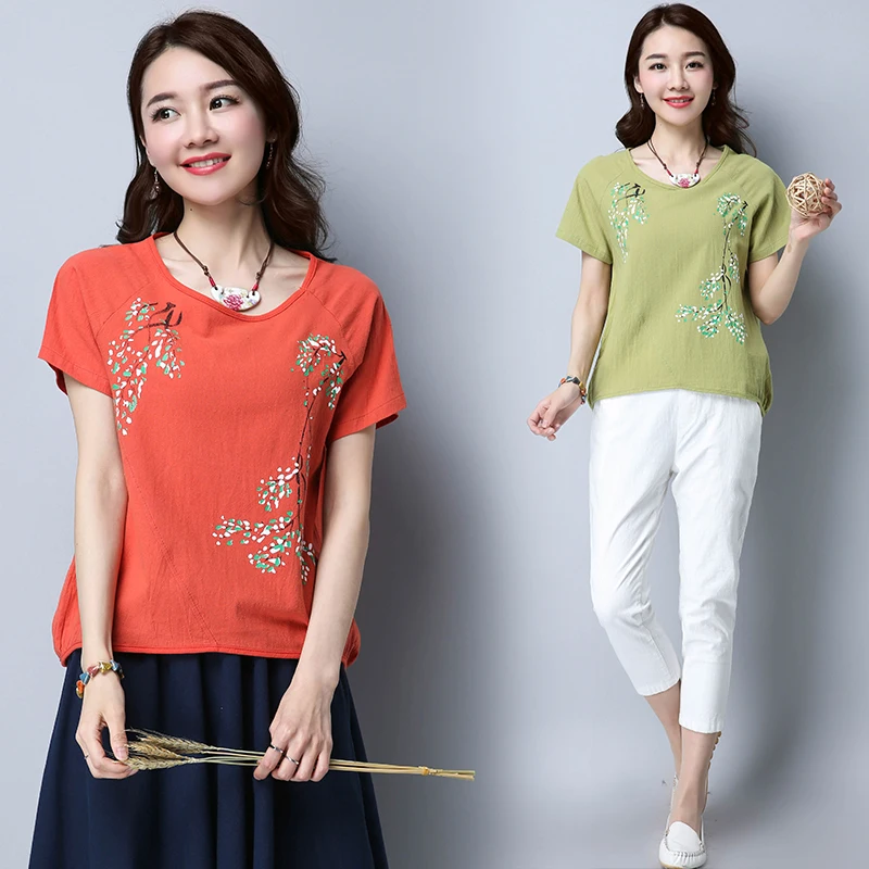 

Cotton And Linen Artistic Women Tops Vintage Print Short Sleeve T-shirts Ethnic Style Mori Girl Top Women