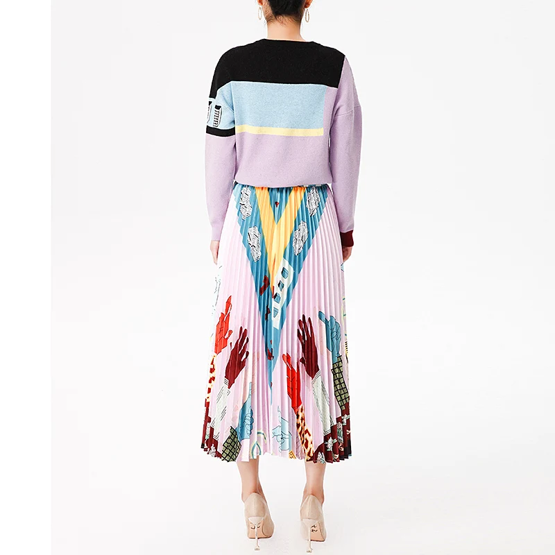 Европейский Американский стиль Осень Зима для женщин модный дизайн высокое качество вязаный свитер+ драпированная юбка TWINSET