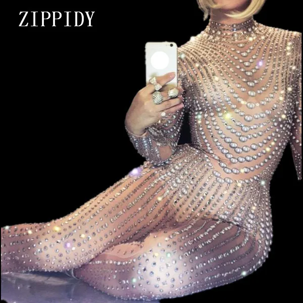 

Sexy Sparkly Pearls Jumpsuits Rhinestones Stretch Bodysuit Performance Party Celebrate luxurious Shining Costume Outfit Wear