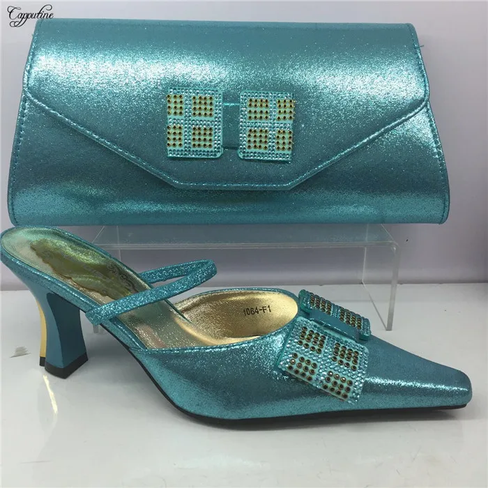 

Elegant party set poited toe design sandals with bag set latest shoes and handbag set for wedding/party GY22 in sky blue