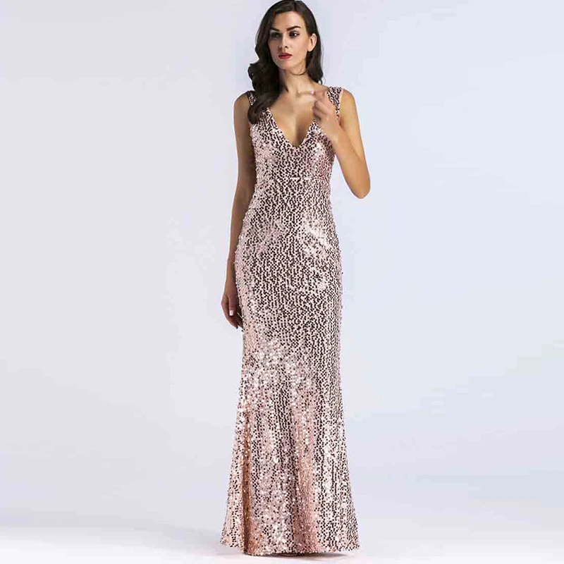 

Sequin party long dress sleeveless vest V-neck sexy long women's dress high waist tight sequins fashion party evening dress