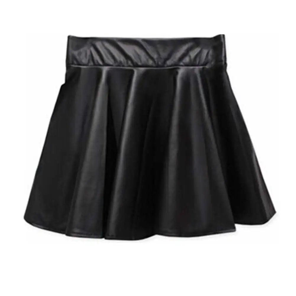 

Women High Waist PU Leather Skater Mini Skirt Solid Color Sexy Short Pleated Skirts QL Sale