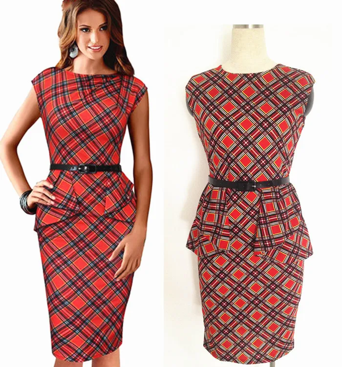 New Womens Vintage Elegant Belted font b Tartan b font Peplum Ruched Tunic Work Party Cap