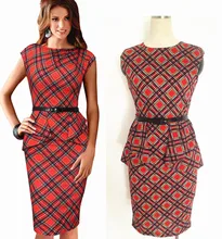 New Womens Vintage Elegant Belted Tartan Peplum Ruched Tunic Work Party Cap Sleeve Bodycon Sheath Dress