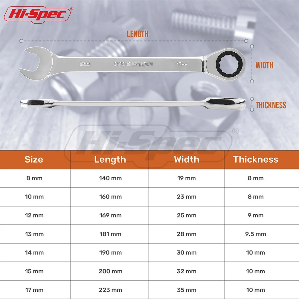 Hi-Spec 7pc Reversible Combination Wrench Ratchet 8 10 12 13 15 17 19mm Socket Combination Spanner Wrench Set A Set of Keys