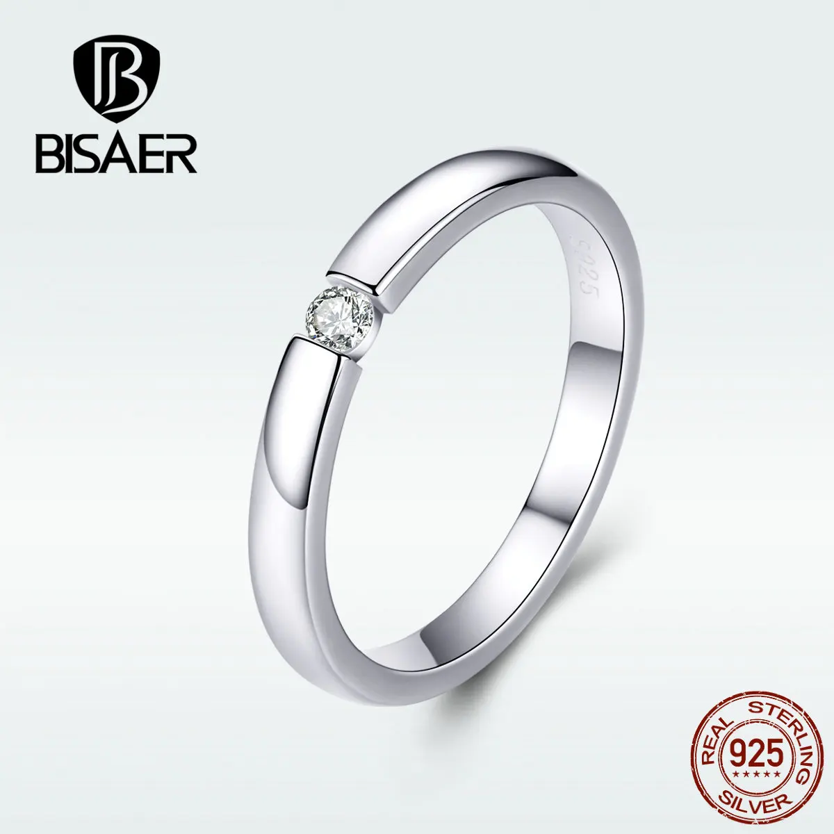 

BISAER Finger Ring Authentic 925 Sterling Silver Fashionable Simple Wedding Ring Zircon Stackable For Women Jewelry HSR541