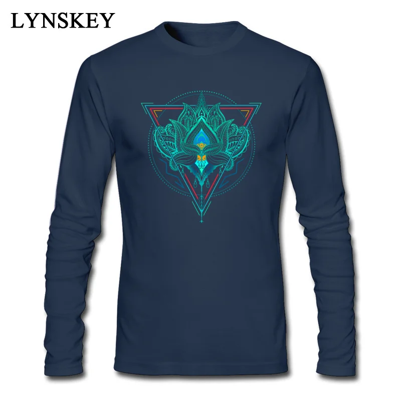 Slim Fit Casual Long Sleeve T Shirt Summer/Fall O-Neck 100% Cotton Tops T Shirt for Adult Printed Sweatshirts Top Quality Lotus The Flower Of Life in Triangle navy